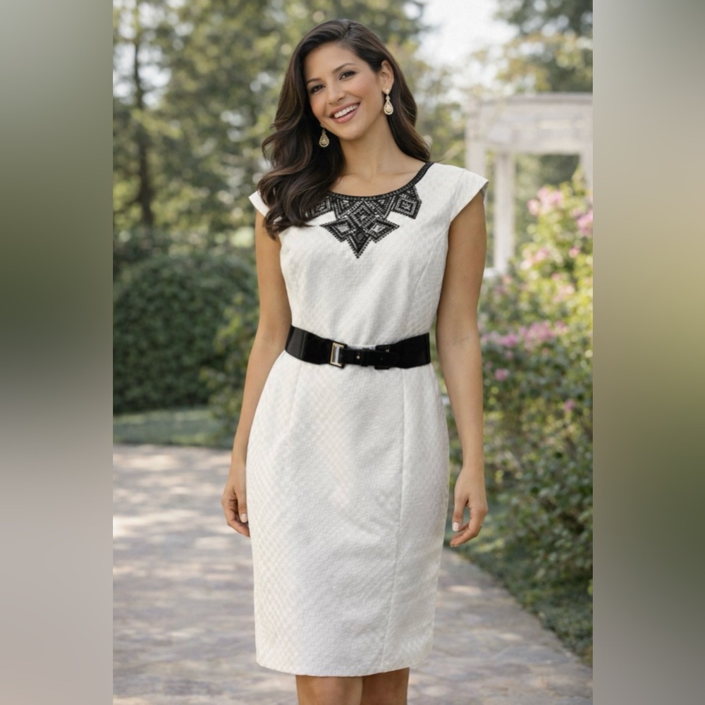 Antonio Melani Dress 8 White Black Embroidered Belt Stretch Career Church